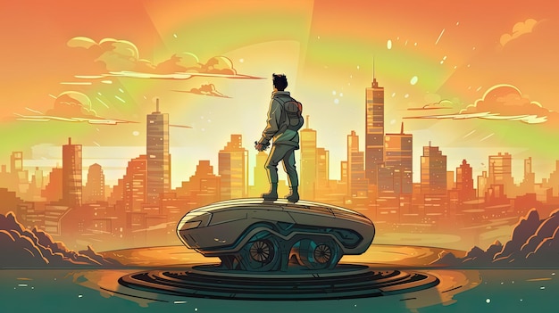 A man stands on top of a futuristic vehicle in front of a cityscape.