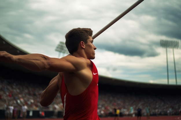 A man stands on top of a grassy field holding a baseball bat Athlete about to throw a javelin in an athletic meet AI Generated