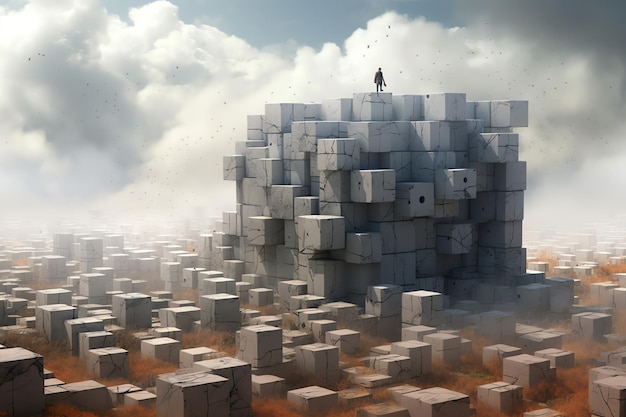 A man stands on top of a huge pile of cubes