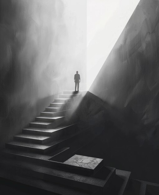 A man stands at the top of an infinite staircase