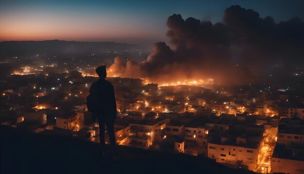 Foto un uomo si trova in cima a una montagna e guarda la città notturna