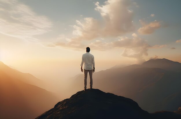 man stands on the top of a mountain with mountain view