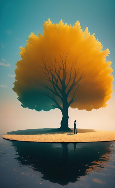 A man stands under a tree that has a yellow tree on it.