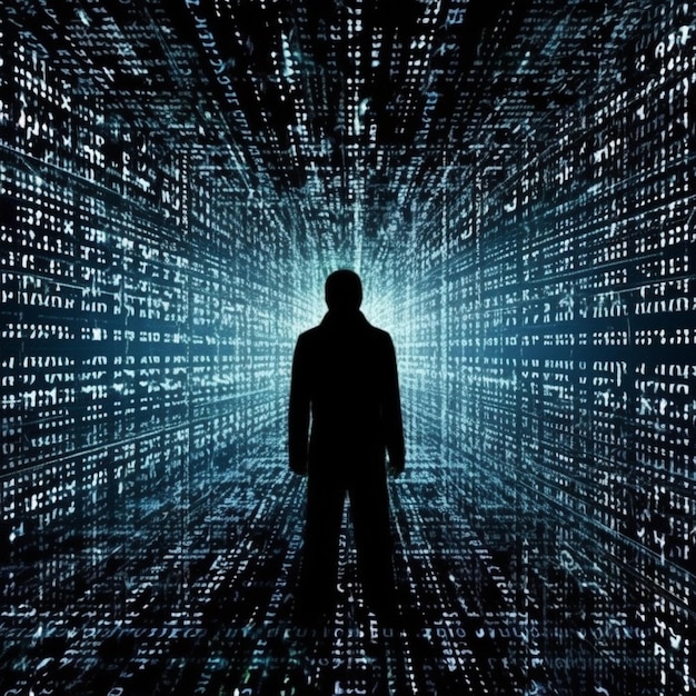A man stands in a tunnel of binary code
