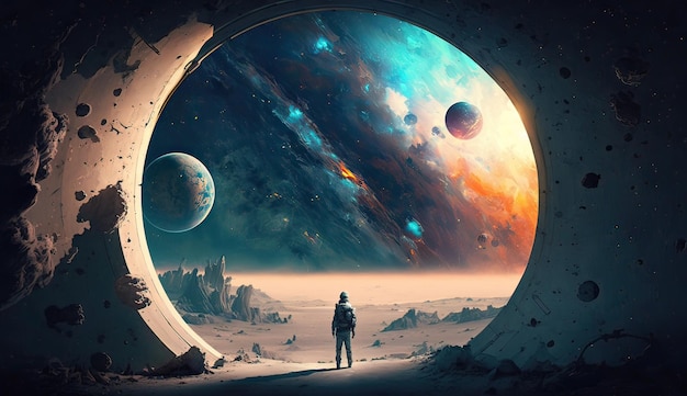 A man stands in a tunnel looking at the planets