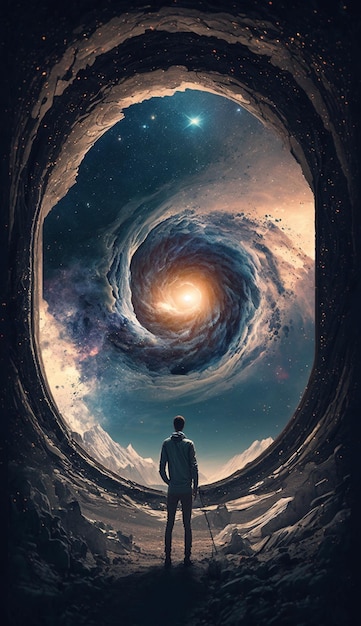 A man stands in a tunnel that has a galaxy in it.