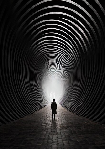 a man stands in a tunnel that has a man in a suit and a light on the ceiling