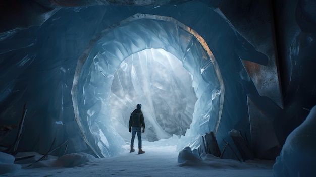 A man stands in a tunnel that has a sign that says icebergs on it