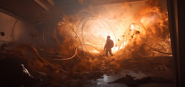 A man stands in a tunnel with a fireball in the background.