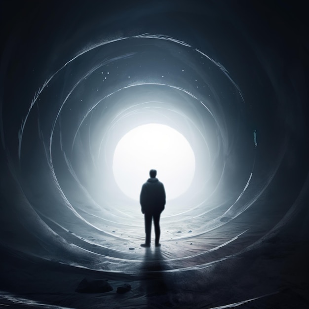 A man stands in a tunnel with the light at the top.