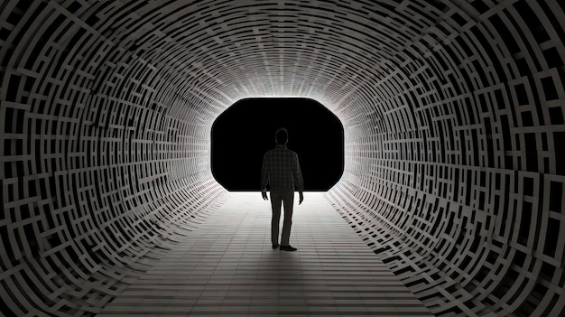 A man stands in a tunnel with the light on.