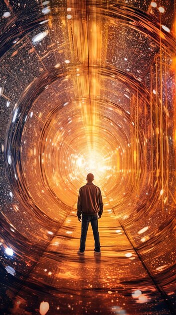 a man stands in a tunnel with a man looking at the light