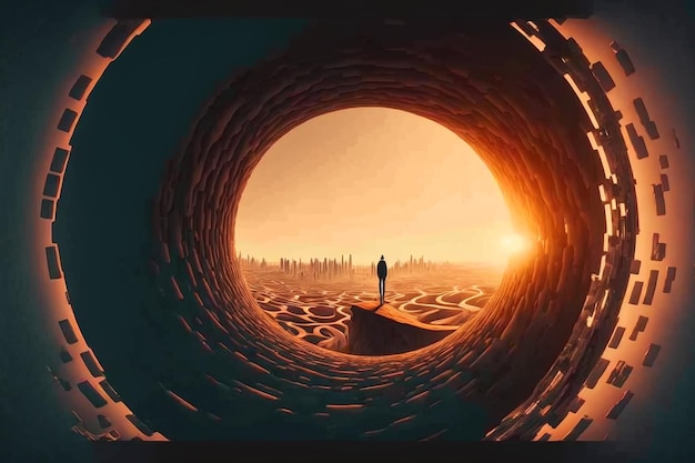 A man stands in a tunnel with the sun behind him.