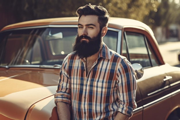 A man stands next to a vintage car