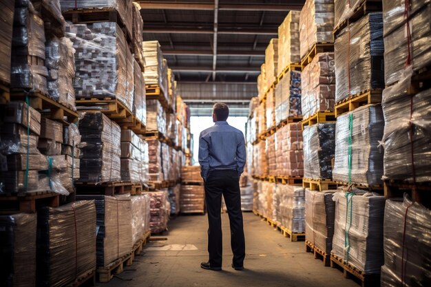 A man stands in a warehouse full of boxes of wine.