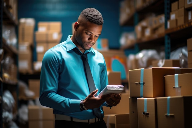 Man stands in warehouse looking at tablet