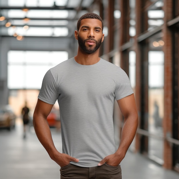 A man stands in a warehouse wearing a white t - shirt with the word love on it.