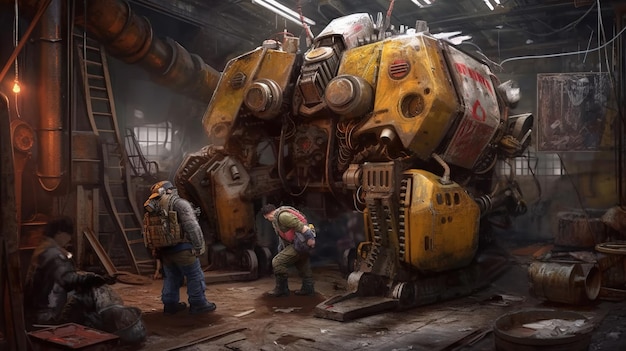 A man stands in a warehouse with a giant robot in the background.