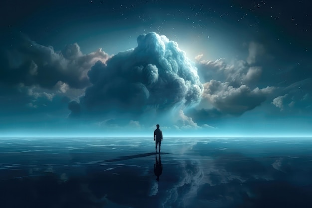 A Man Stands On The Water Against The Background Of The Sky And Space Generative AI