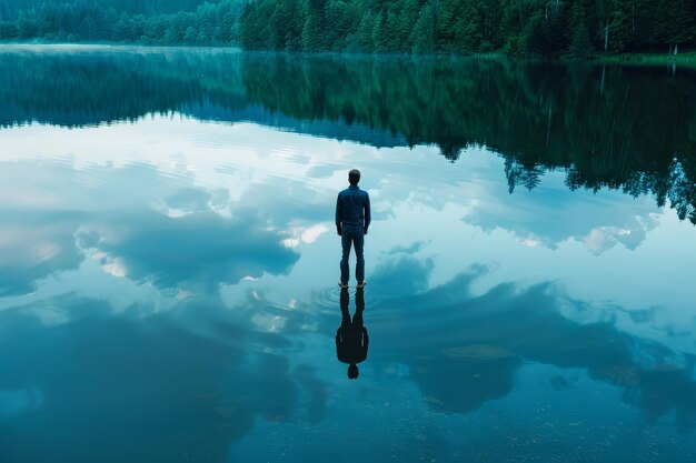 A man stands in the water looking out at the lake