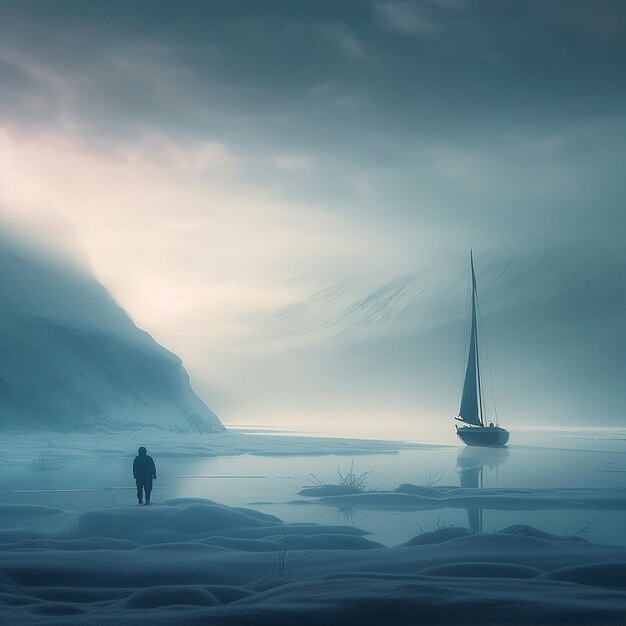 A man stands in the water with a sailboat in the distance.