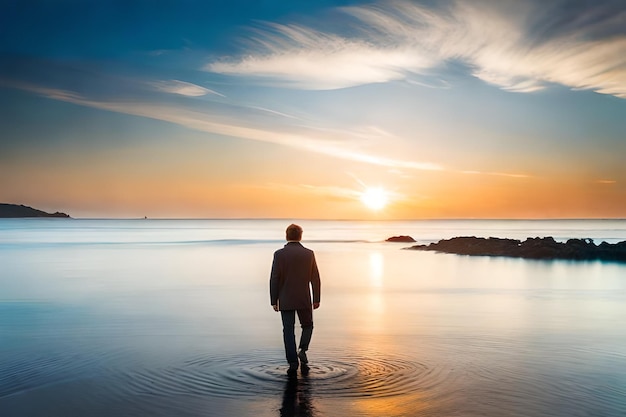 背景に夕焼けがある男が水の中に立っています