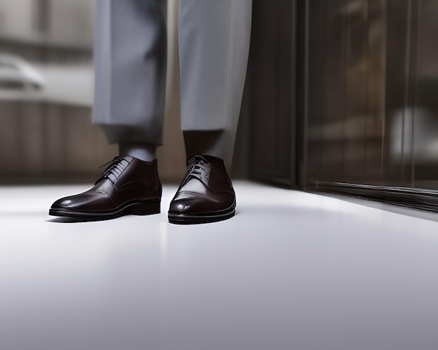 A man stands on a white floor with a pair of brown shoes.