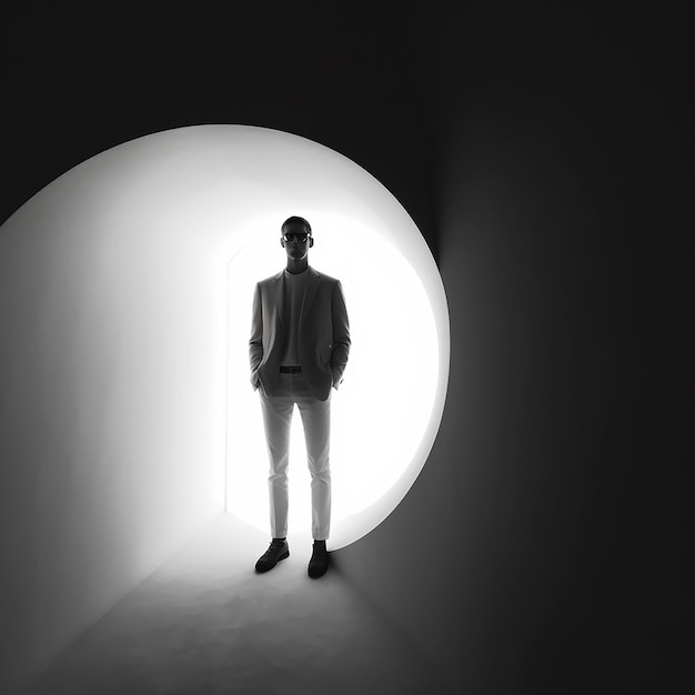 a man stands in a white light and looks into a white light.