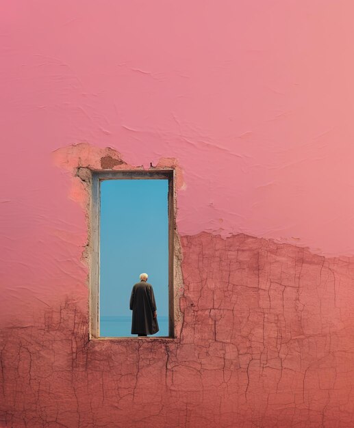 a man stands in a window of a pink wall that has a blue sky in the background