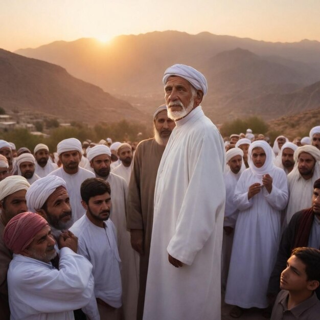Photo a man stands with other men in white robes and the sun setting behind him