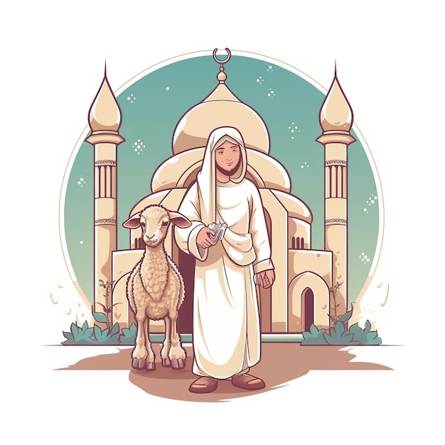 Foto un uomo sta con una pecora davanti a una moschea