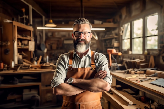 A man stands in a workshop with his arms crossed