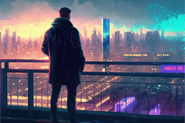 Man starend vanaf balkon naar futuristische stad in vuur en vlam met levendige verlichting Fantasieconcept Illustratie schilderij Generatieve AI