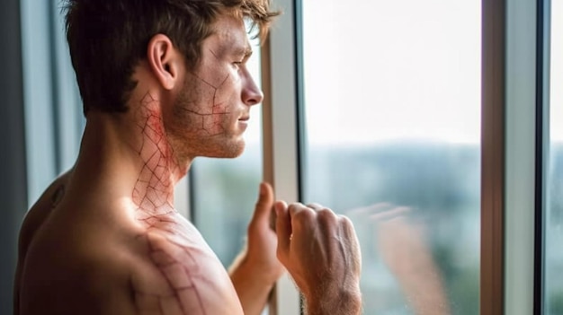 Man staring out the window with burn marks on his skin Generative AI