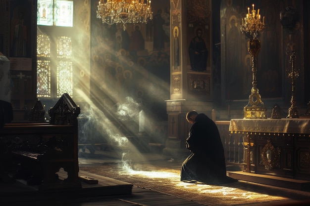 man staying on his knees in the church confession concept