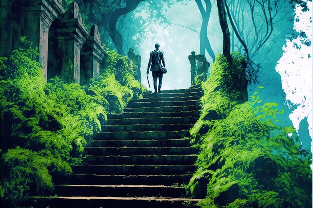 Man staying near the ancient temple a man walks up the stairs to the abandoned temple ruins digital art style illustration painting