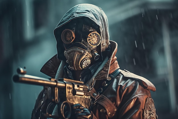 A man in a steampunk mask Holding a gun in his hands Generative AI