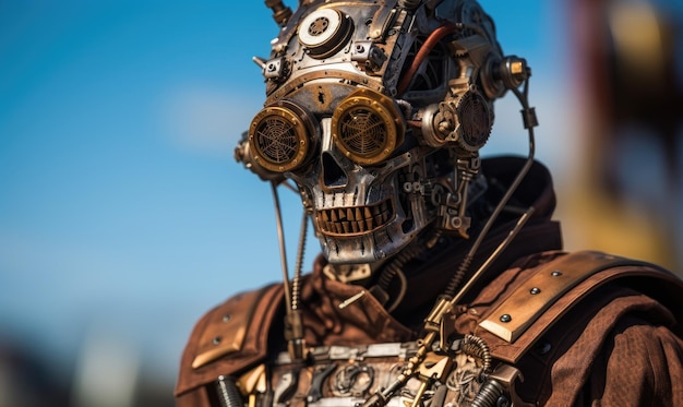 A man in a steampunk suit with a clock on his face