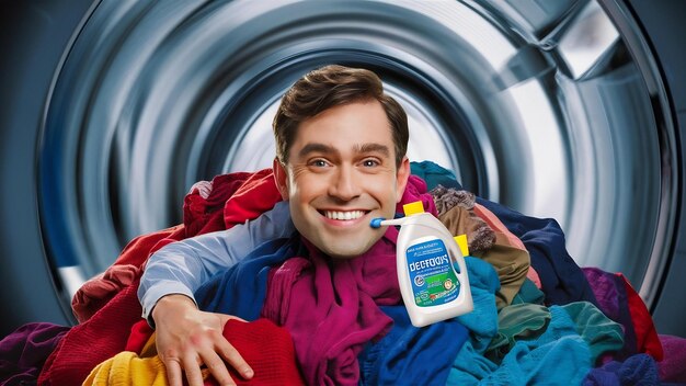 Man sticks head through multicolored laundry poses through washing machine drum with bottle of dete