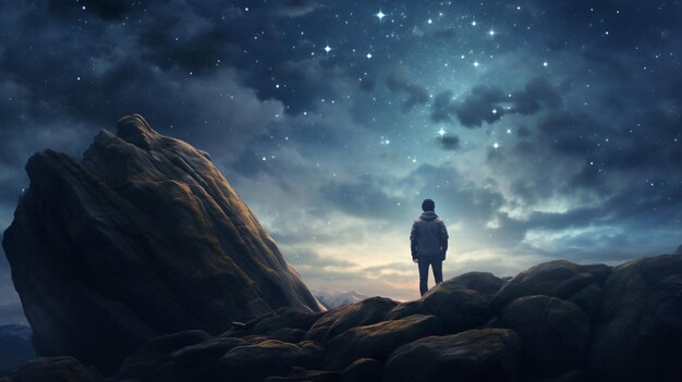 A man on a stone admiring the starry sky