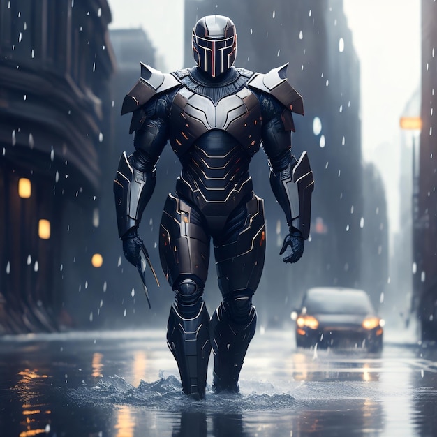 A man in a storm suit stands in a puddle in the rain.