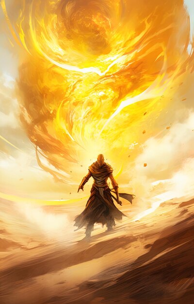 a man in a storm with a fiery background