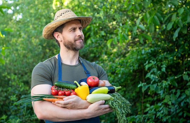 Man in straw hat hold fresh ripe vegetables copy space