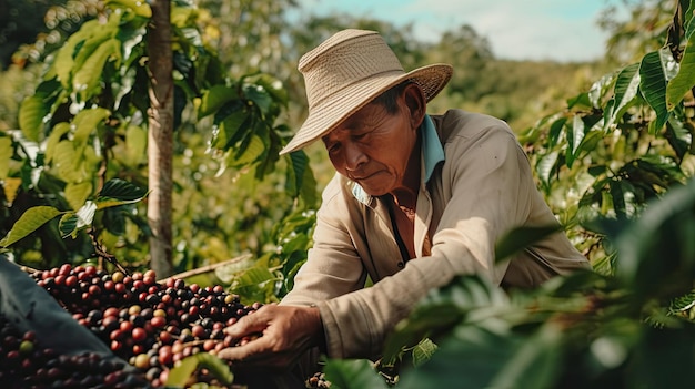 A man in a straw hat holds a basket of coffee beans