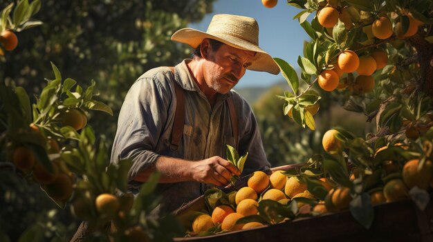 Photo a man in a straw hat is looking at a bunch of oranges