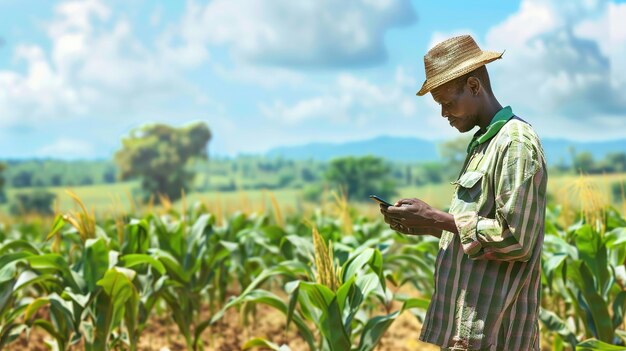 Photo a man in a straw hat is looking at his phone