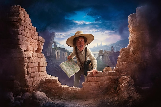 a man in a straw hat is standing in a hole in a brick wall