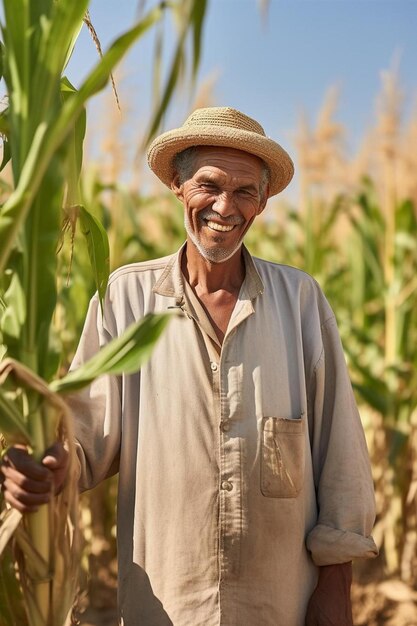 a man in a straw hat standing in a corn field