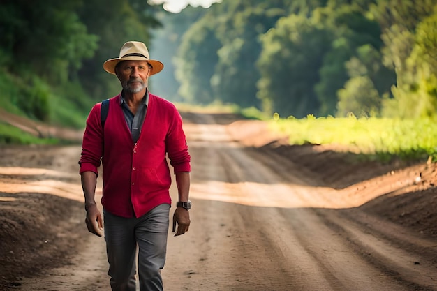 Photo a man in a straw hat walks down a dirt road