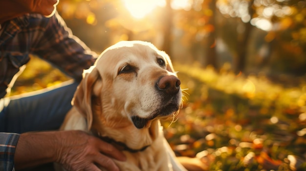 Foto man streelt zijn oude hond loyal labrador retriever geniet van de herfst zonnig zeggen met zijn eigenaar